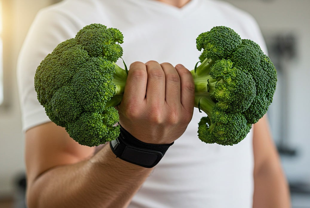 Čovek drži dva komada brokolija u ruci kao teg